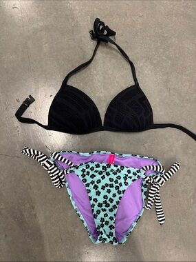 Women’s Two-Piece Swim Set - Black Top with Aqua & Purple Floral Bottom